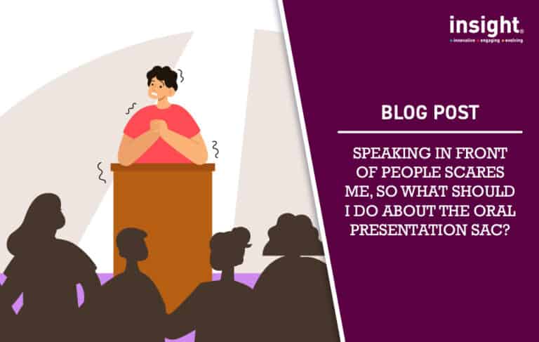 A cartoon person with black hair in a red t-shirt is standing at a lectern in front of a silhouetted audience. The person at the lectern is standing under a spotlight and has shiver marks around their body and an anxious facial expression, suggesting they are afraid of public speaking.