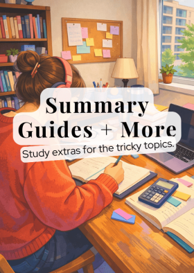 Tile image containing text: Summary Guides + More. Study extras for the tricky topics. Insight resources for extra study.